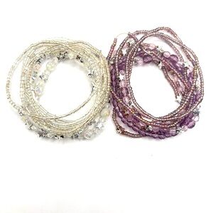 Set of 2 Beaded Star Stretch Bracelet Set - Cream and Purple